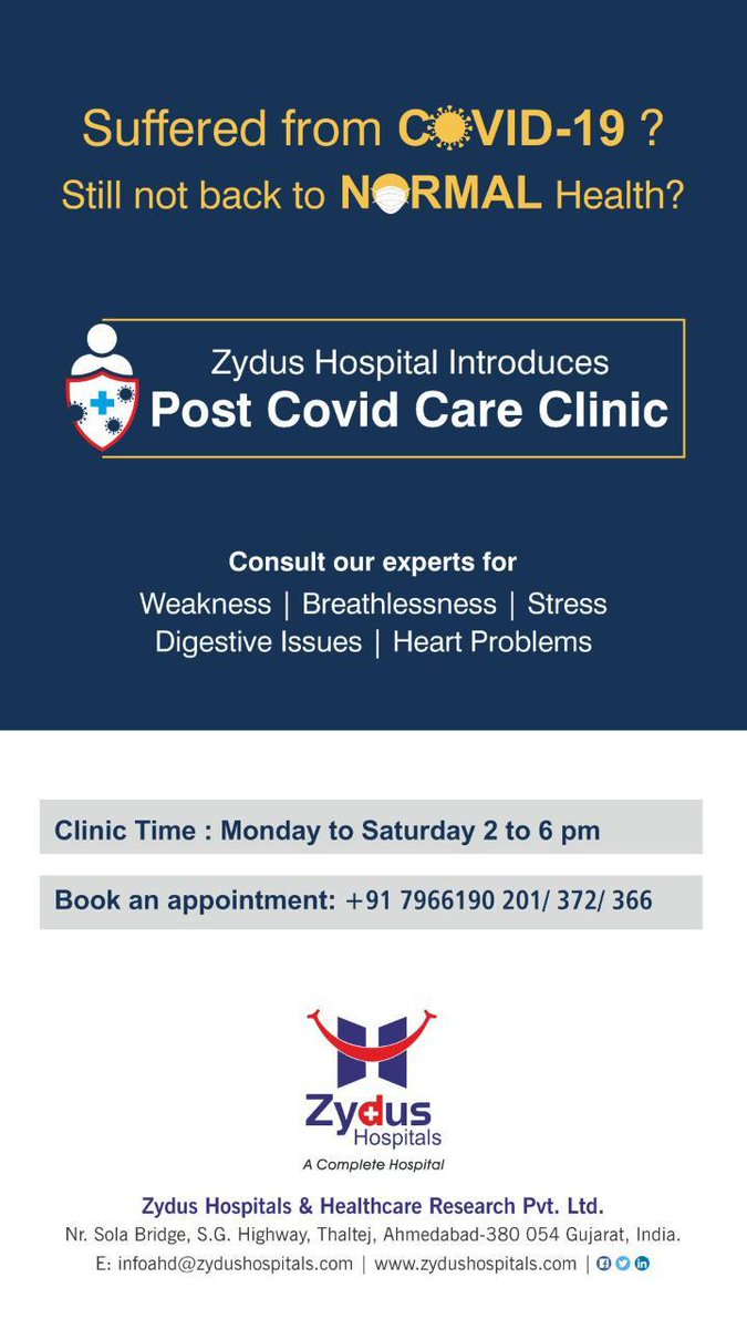 A very holistic approach is required for follow up care & well-being of post-COVID recovering patients & to replenish the organs so that they can get back to being normal. With Post Covid Care Clinic by Zydus Hospitals, our experts will help you get back to being healthy again. https://t.co/hz3xikdopV