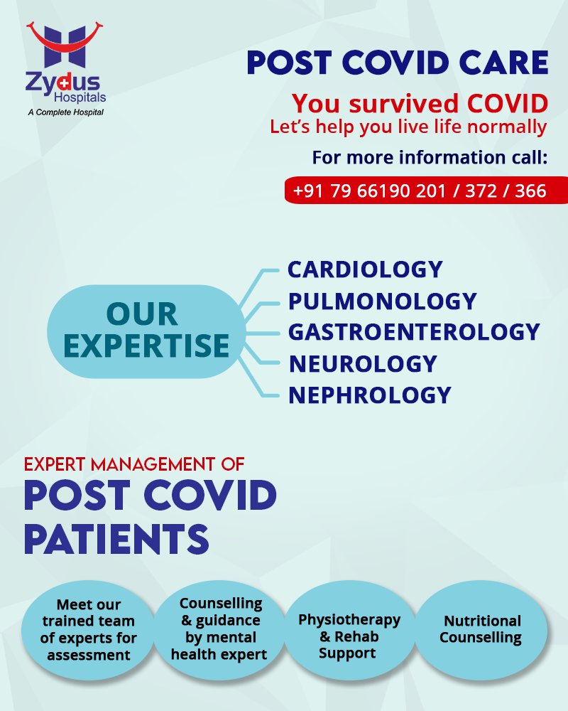 A very comprehensive care procedure should be followed for the management of Post COVID recovering patients. Our Expertise will help you get back to being healthy again. 

#COVID19 #CovidCareClinic #PostCOVIDRecovering #NewNormal #ZydusHospitals #BestHospitalInIndia #Ahmedabad https://t.co/CdJnPeKoAR