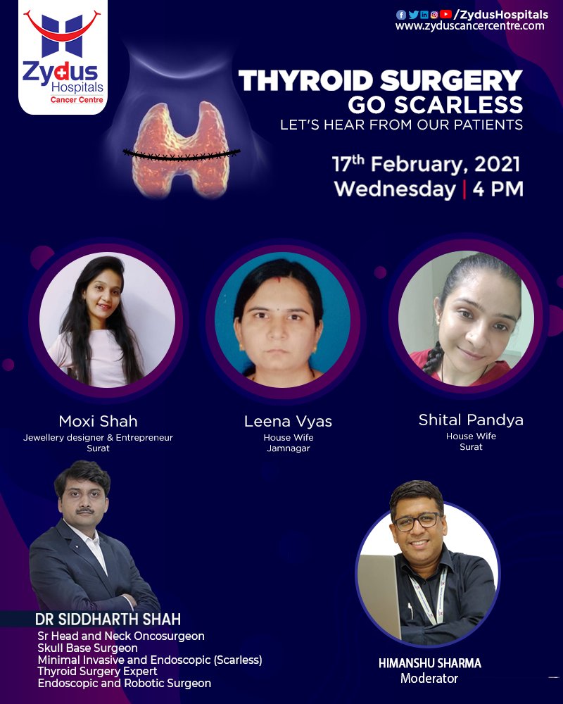 Let us hear from our patients about how do they feel about the Advanced scarless thyroid surgery at Zydus Hospitals.

Join FB LIVE session with Dr. Siddharth Shah on 17th February, 4 PM

#ZydusHospitals #ThyroidSurgery #GoScarless #thyroiddiseaseawareness #BestHospitalinAhmedabad https://t.co/bsJUSuvsEd