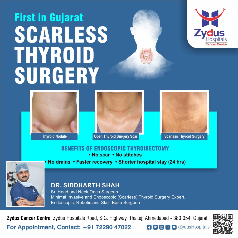Zydus Hospitals has introduced first time in Gujarat, Endoscopic thyroidectomy, a relatively new approach in treating differentiated thyroid cancer.
#ZydusHospitals #CancerCentre #Thyroid #ThyroidSurgery #NeckCancer #ScarlessSurgery #BestHospitalinAhmedabad #Ahmedabad #GoodHealth https://t.co/86wUvjStAA