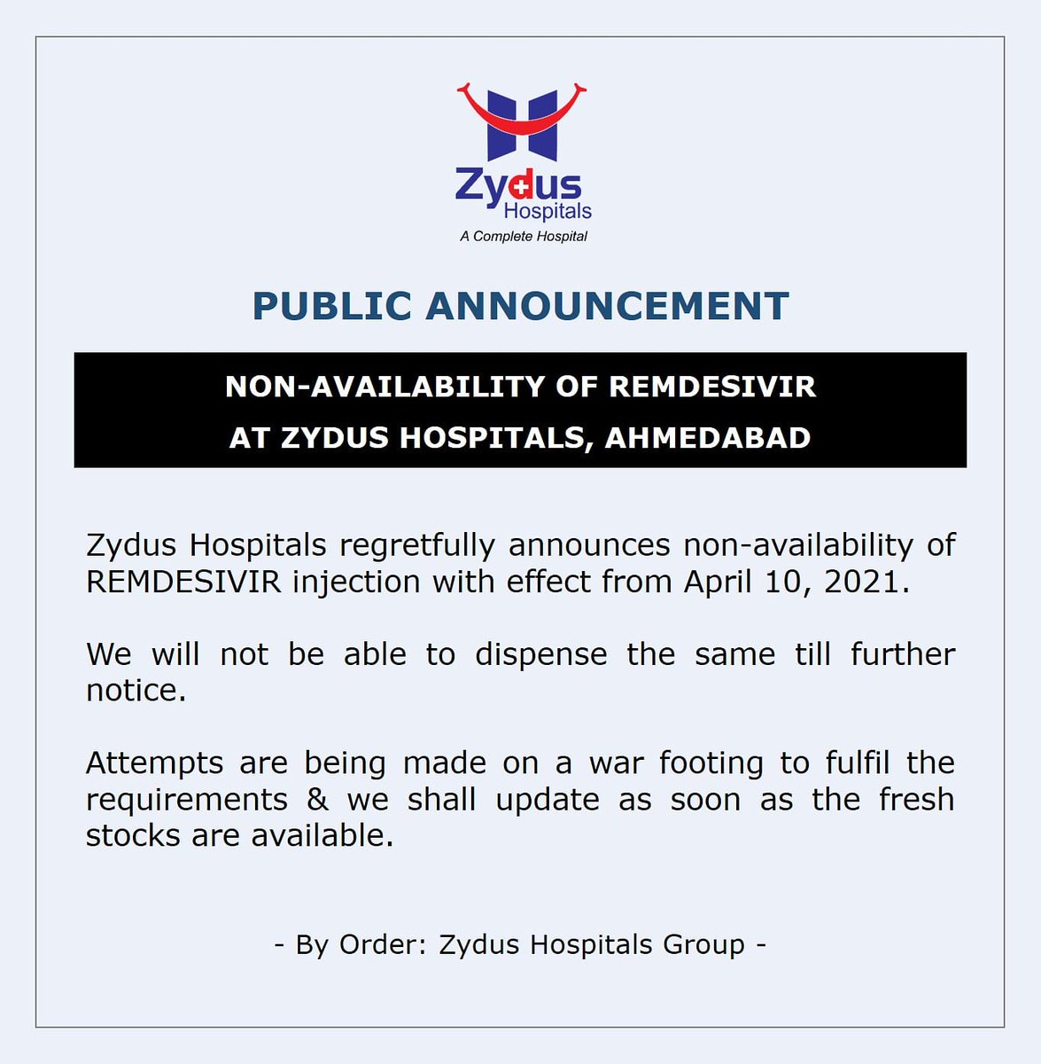 We regret to inform that #REMDAC #Remdesivir from #ZydusCadila will not be available from 10th April, 2021.

We, as always, will stand by you in these trying times and we shall update as soon as the stocks are available.

#COVID19 #COVID19medication #ZydusHospitals #Ahmedabad https://t.co/i9O8DVWCE8