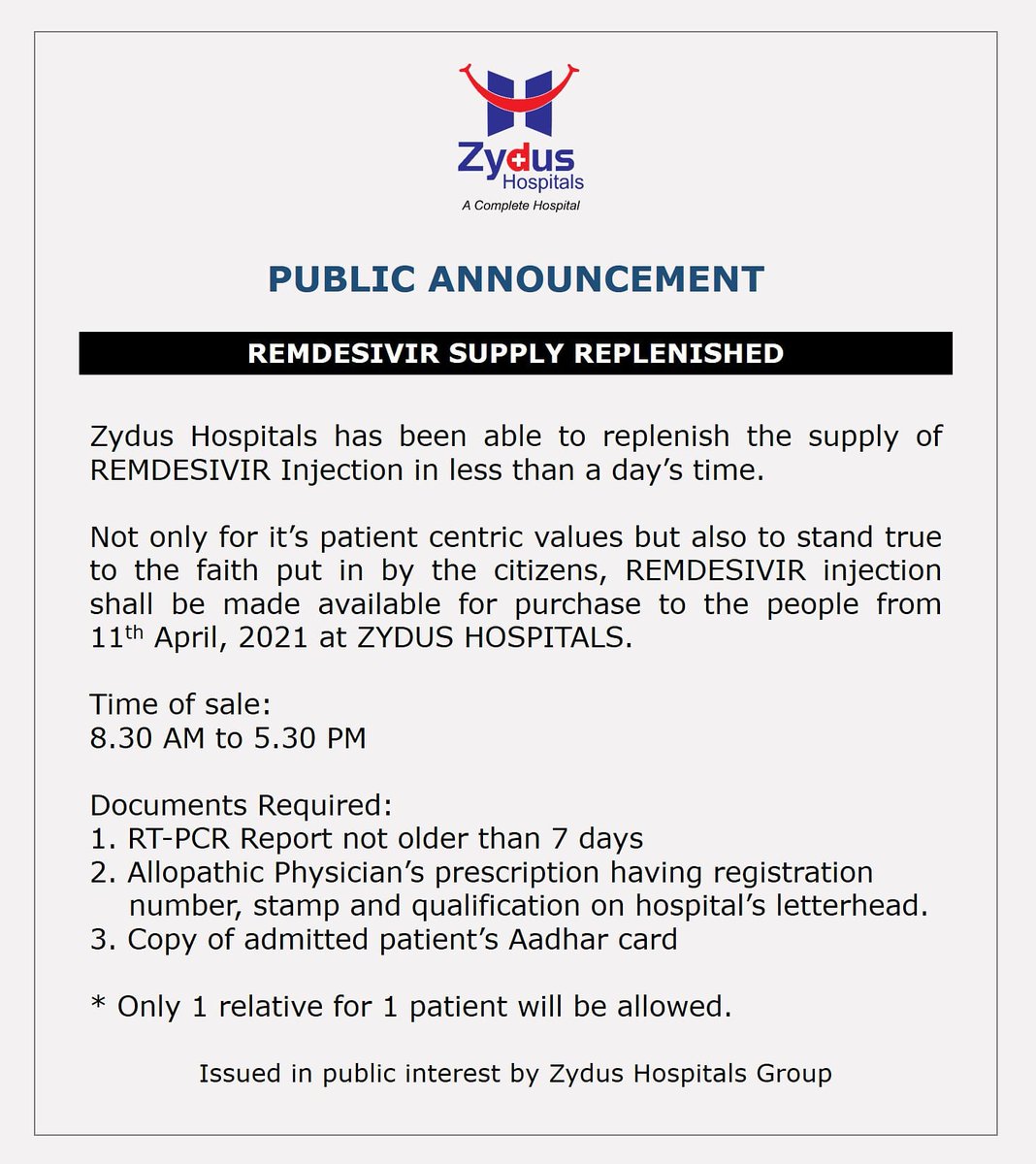 With more zest and preparations, Zydus Hospitals announces stock replenishment of #REMDAC #Remdesivir from #ZydusCadila.

Kindly be patient as you join the queue for Remdesivir at Zydus Hospitals.

#COVID19 #COVID19management #COVID19medication #Pandemic #ZydusHospitals https://t.co/gB0W7wsXw5
