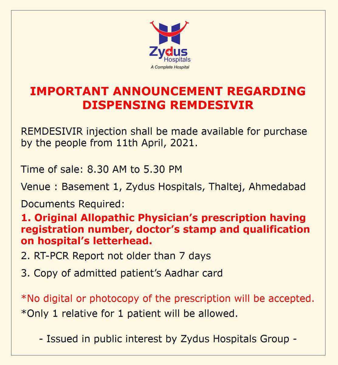 An ORIGINAL ALLOPATHIC PHYSICIAN'S PRESCRIPTION having registration number, stamp and qualification on hospital’s letterhead will be required for sale of #Remdesivir from #ZydusCadila. This is in addition to RT-PCR Report not older than 7 days and a copy of patient’s Aadhar card. https://t.co/IbHPDBD4zr