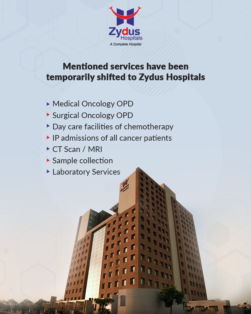 For a short period of time, the mentioned services have been shifted from Zydus Cancer Center to Zydus Hospitals. Hence, it is our humble request to our patients to please visit accordingly.

#ZydusHospitals #ZydusCancerCentre #CancerHospital #HealthCare #StayHealthy #ZydusCare https://t.co/B8WEub0Vgd