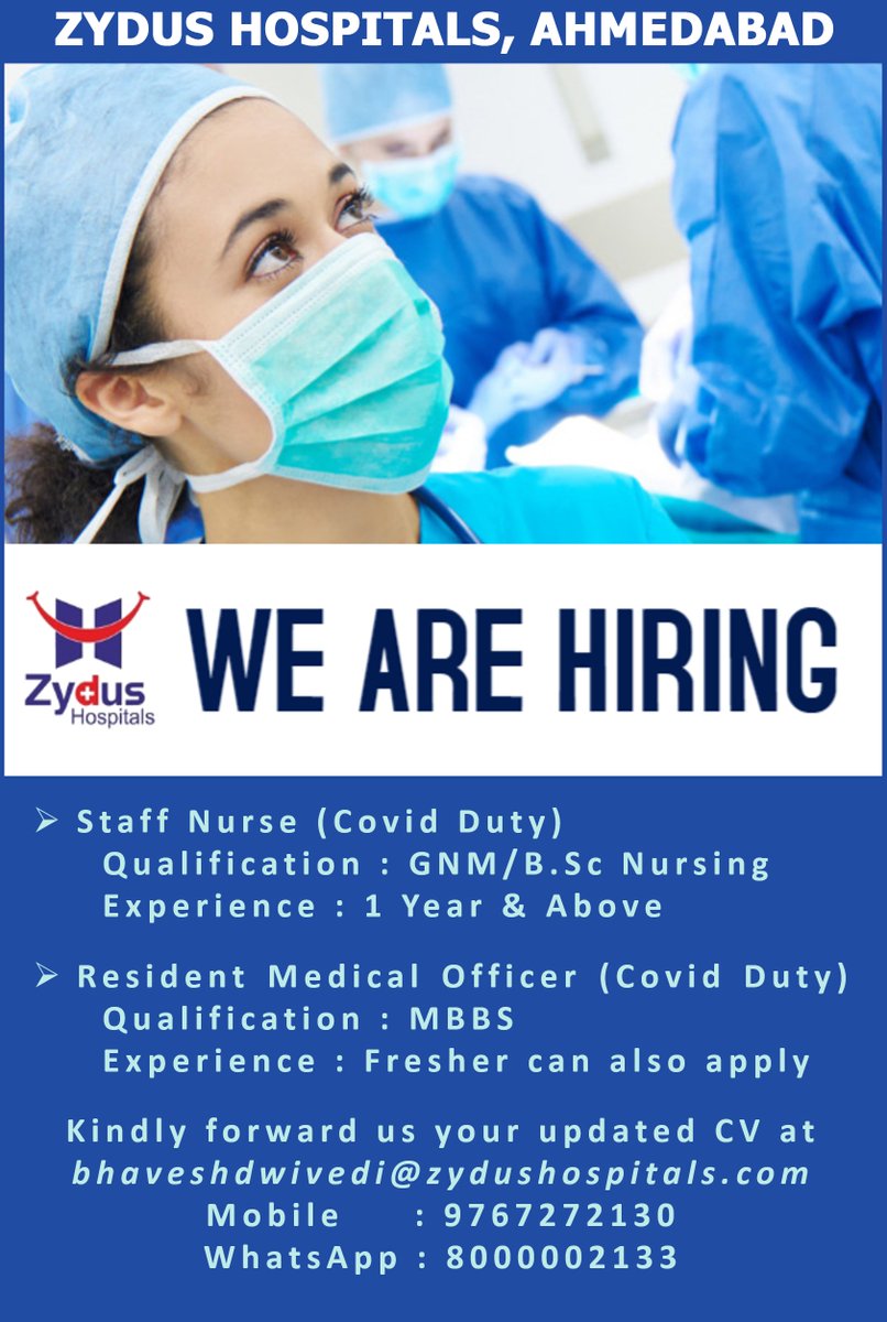 Zydus Hospitals is looking for a Staff Nurse and a Resident Medical Officer for COVID Duty. If you have the compassion of curing people and taking care of the ill, reach out to us.

#ZydusHospitals #WeAreHiring #Hiring #HiringNurse #COVIDduty #Freshers #MBBS #HiringDoctor #CV https://t.co/PaOjkQX2eJ