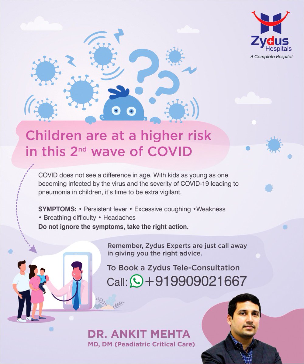 Covid has taken a newer turn.

Don't ignore the symptoms like fever, coughing, weakness, breathing problems and headaches.

For Expert Tele-Consultation by Dr. Ankit Mehta (Pediatrician & Critical Care Expert), Call: +91 9909021667

#Children #Covid19 #CoronoVirus #Corona https://t.co/Y1kEli1K6N