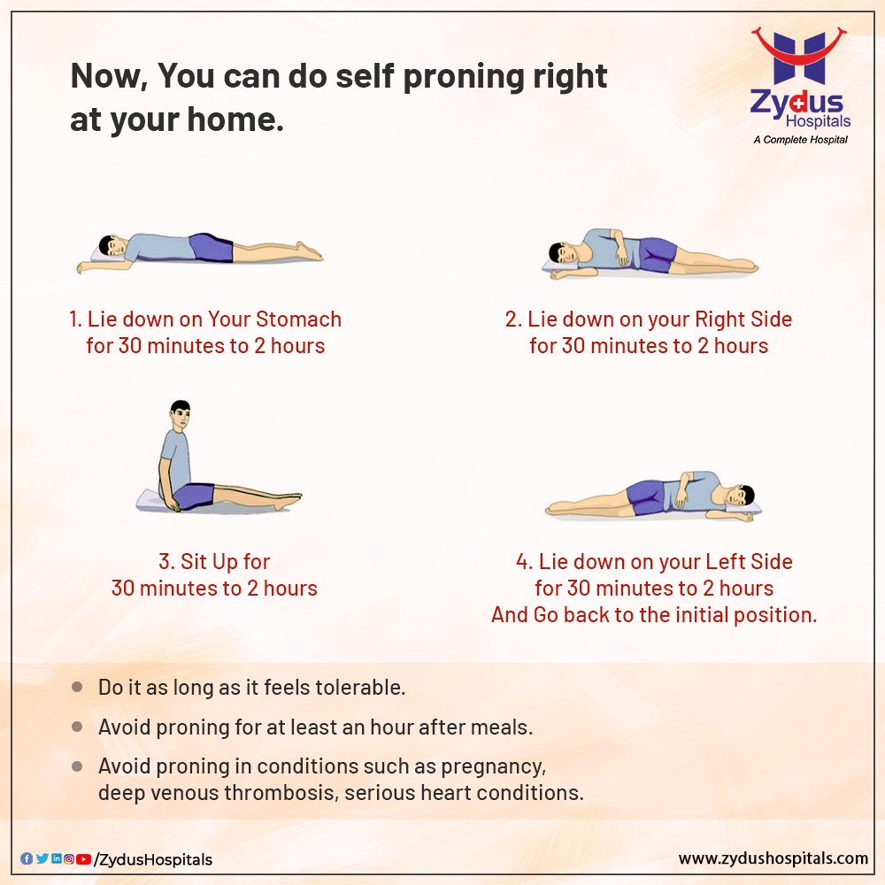 Take a look to learn the self-proning techniques and practice them @ home.
Although these exercises are easy & simple, they will help your body in significant ways.

#ZydusHospitals #Oxygen #COVID19 #COVIDCare #StaySafe #KeepThemSafe #KeepThemHealthy #Weakness #Fever #Coughing https://t.co/xe8md98keT