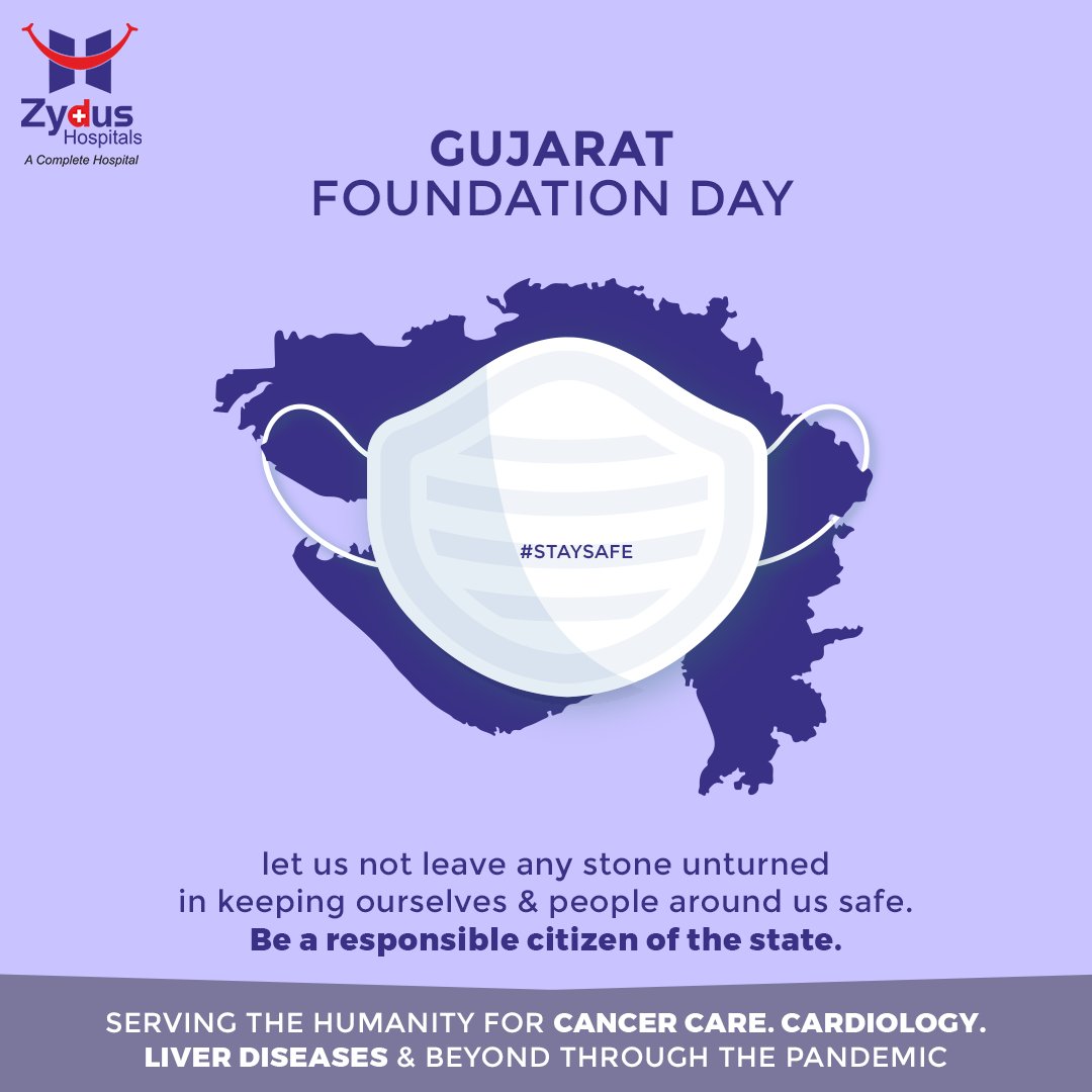 Mask-up & let us not leave any stone unturned in keeping ourselves & people around us safe. 

Be a responsible citizen of the state.

#ZydusHospitals #StaySafe #GujaratDay #GujaratFoundationDay #GujaratDay2021 #HealthCare #StayHealthy #ZydusCare #Ahmedabad #Gujarat https://t.co/CidoET2RHZ