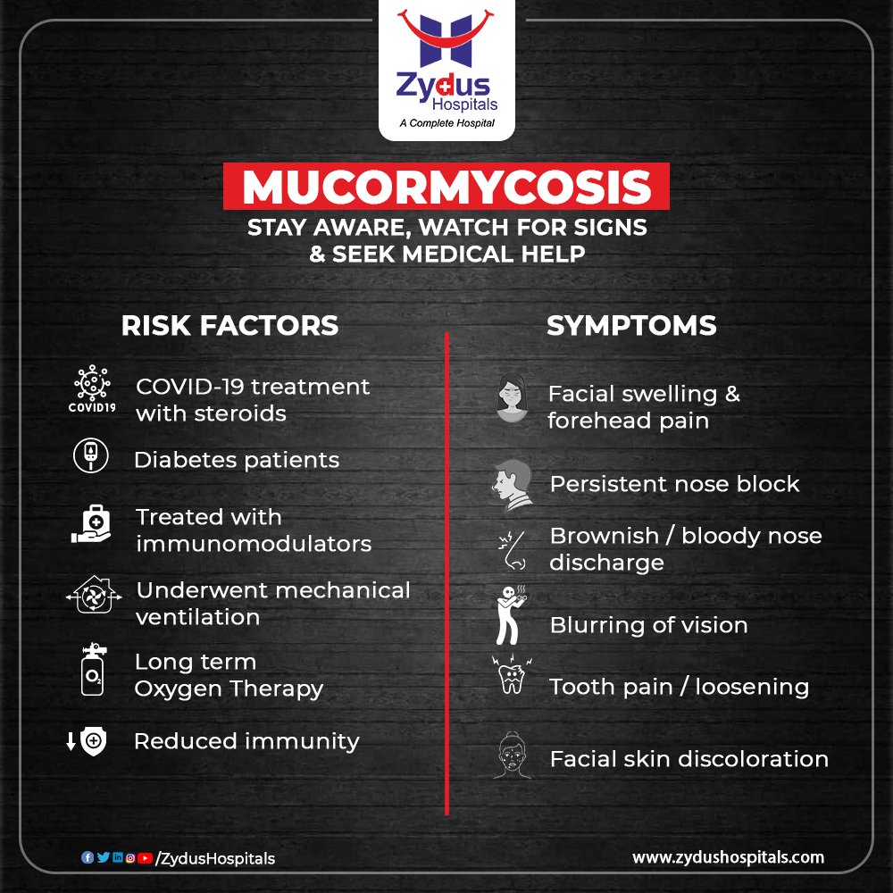 Mucormycosis is a rare but serious fungal infection which is caused by mucormycetes. 
It is important to keep up the immunity to fight these diseases.

Always stay aware & watch for the symptoms.

#Mucormycosis #Nose #Headache #FungalInfection #Infection #COVID19 #Pandemic https://t.co/dhitPgs6Db