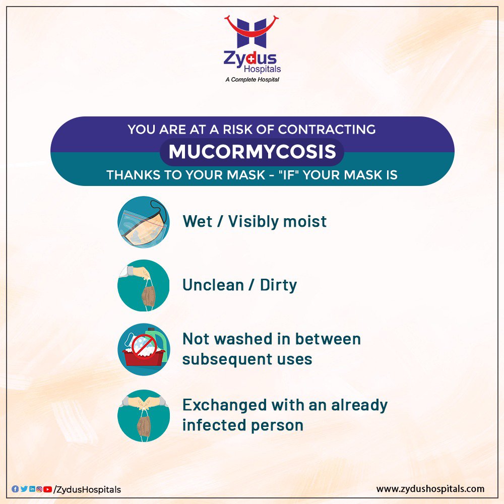 Stay away from contracting Mucormycosis (Black / White / Yellow fungus) by using your Mask properly.  

#Mucormycosis #BlackFungus #WhiteFungus #YellowFungus #Mask #Hygiene #Hospital #Health #ZydusHospitals #HealthCare #StayHealthy #ZydusCare #Ahmedabad #Gujarat https://t.co/VEhWVNzj0Q