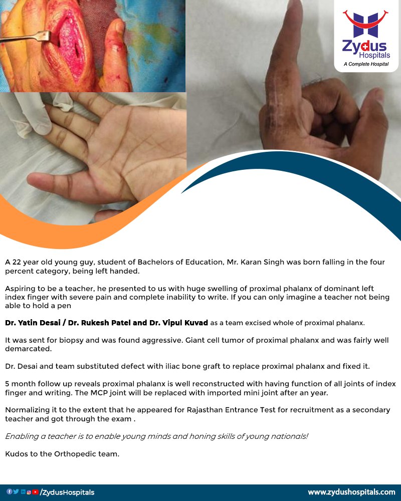 Zydus Hospitals witnessed the case of Mr. Karan Singh who had a huge swelling in his left index finger. But we can proudly say that

#ClientDiaries #CellTumour #Tumour #Ortho #Orthopedic #IndexFinger #Teacher #Phalanx #Hospital #Health #ZydusHospitals #HealthCare #StayHealthy https://t.co/Ty9bCFgRZv