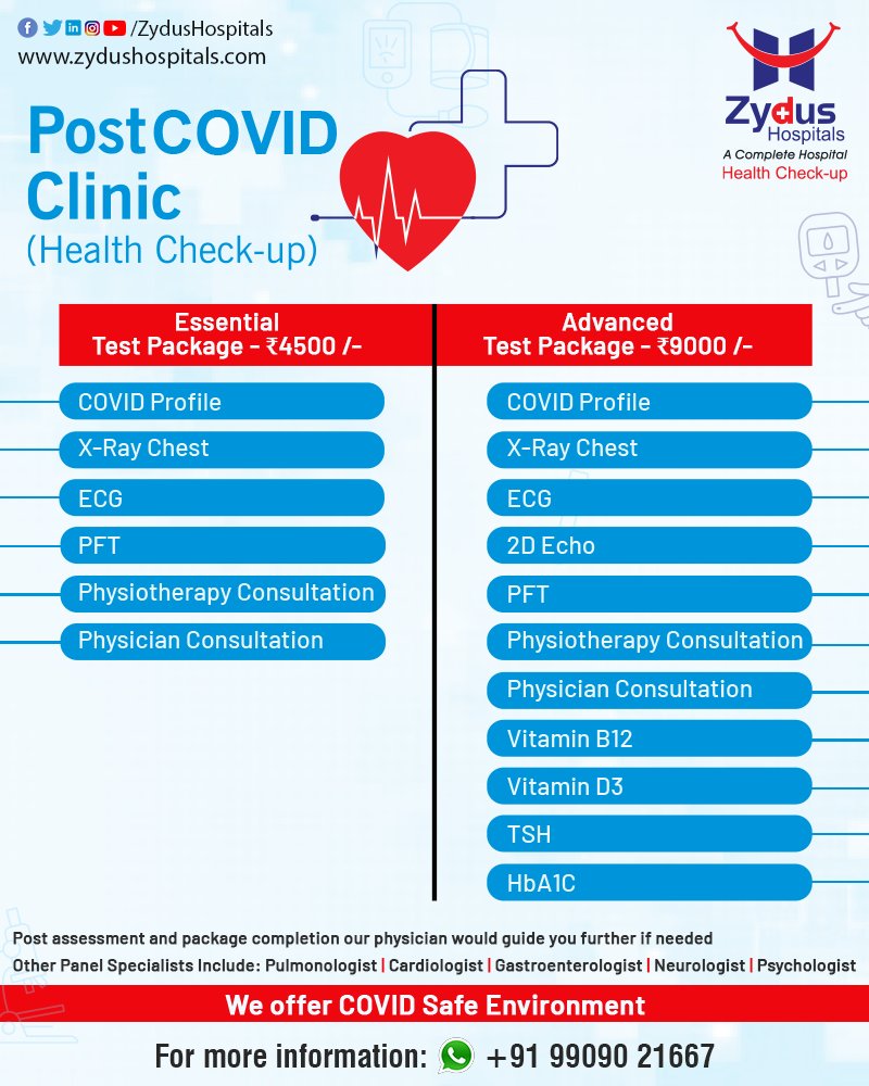 COVID recovery can be a tough task but Zydus Hospitals is here for you with Post COVID Health Checkup, where you can access the facilities of a COVID profile, X-Ray, ECG, PFT and many more. 

For further guidance, our expert physicians are here to guide you.

#PostCOVID https://t.co/m2IW9lYzrp