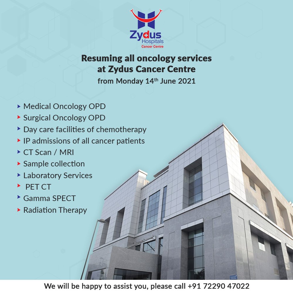 Oncology Services will be resumed from 14th June, at Zydus Cancer Centre. Being a COVID-Free zone, be assured about the safety. 

We are here to assist you at every stage of your treatment.
For more information, Call: +91 72290 47022

#ZydusHospitals #COVIDFree #COVIDSafe https://t.co/fDJ0JhH4l1