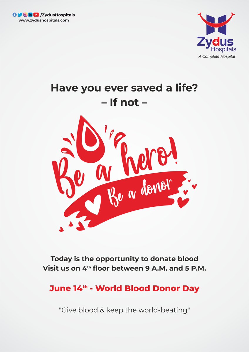 Have you ever saved a life?
If yes, then keep the ball rolling & if not then join the league of saving lives today. 
Be a hero, donate blood.
#WorldBloodDonorDay2021 #BloodDonor #BloodDonorDay #WorldBloodDonorDay #Hospital #Health #ZydusHospitals #HealthCare #StayHealthy https://t.co/xSjf8bC6uD