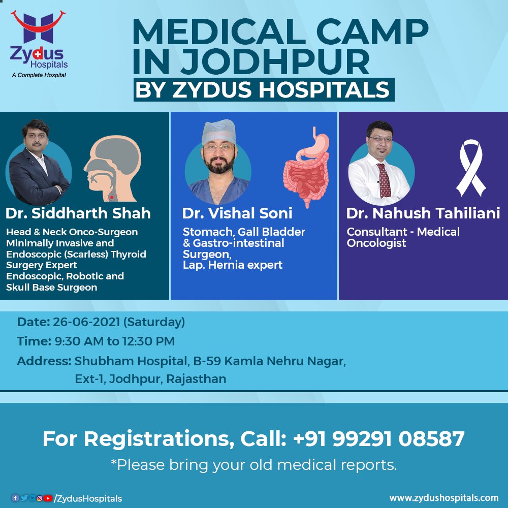 Our expert doctors are coming to your city, Jodhpur for a Medical Camp.

If you are suffering from any disorder, you can visit the medical camp and understand the treatment. See you soon at Jodhpur!

For Registrations, Call: +91 99291 08587

#ZydusHospitals #HealthCare https://t.co/m3RuxUhWBw