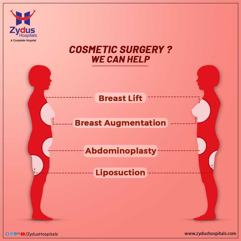 Zydus Hospitals offer a wide range of cosmetic surgeries like Abdominoplasty, Breast Lift, Liposuction, Breast Augmentation etc. with world class technology & our expert plastic surgeons, you don't need to second guess your decision.

#CosmeticSurgery #ZydusHospitals #HealthCare https://t.co/f0aJHeOp0O