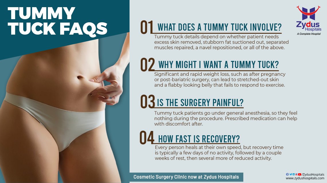Tummy tuck flattens the abdomen by removing extra fat and skin, and tightening muscles in your abdominal wall. If the excess skin in your abdomen is not responding to diet or exercise, you may consider getting an abdominoplasty. 
#CosmeticSurgery  #TummyTuck #ZydusHospitals https://t.co/LR2HlB9AxL