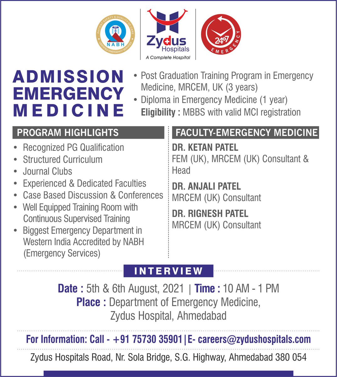 Zydus Hospitals invites applications for interviews for admission in MRCEM, Emergency Medicine. 
With Expert Faculty of Emergency Medicine, we are looking for compassionate students.

#ZydusHospitals #Admission #MedicalCourse #EmergencyMedicine #Interview #Freshers #MBBS #MRCEM https://t.co/p4TQjwf6yQ