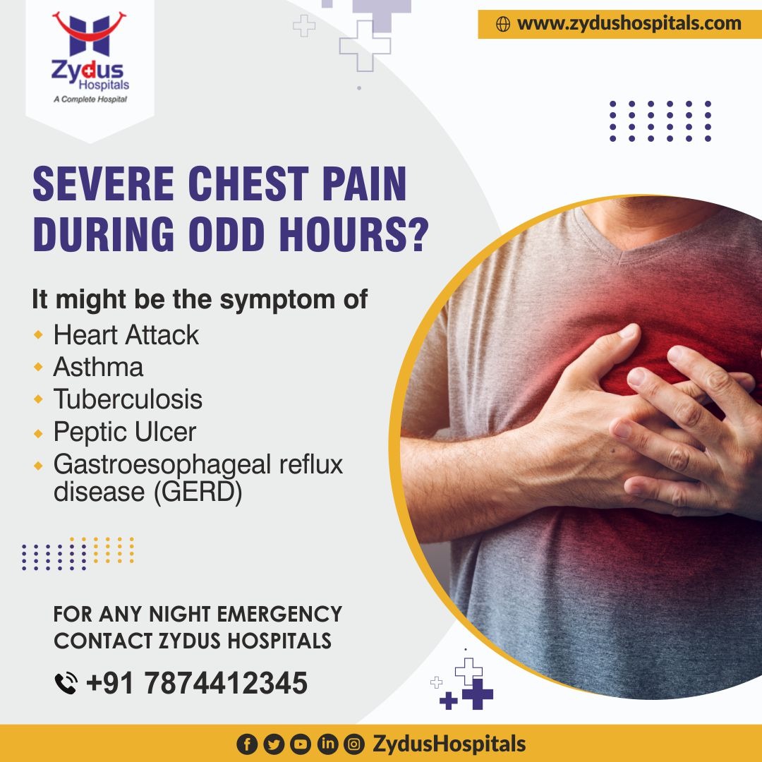 Although chest pain can sometimes be a symptom of a heart problem, there are many other possible causes.
You can connect with us for any medical emergency or surgical needs.
Contact us at: +91 78744 12345

#ZydusHospitals #Emergency #EmergencyDoctor #BestHospitalinAhmedabad https://t.co/753VwvKFuR