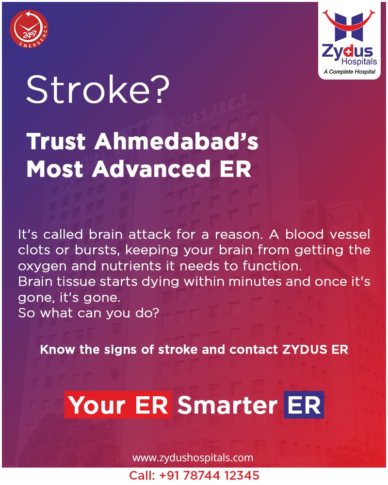 Emergency can come at any point of time without any prior notice!  

Know the early signs of stroke and let all your emergency crisis be concluded with Ahmedabad's most trusted and advanced Emergency Medicine Department, available at the talk of the town; #ZydusHospital. https://t.co/fyFDVnQaCY