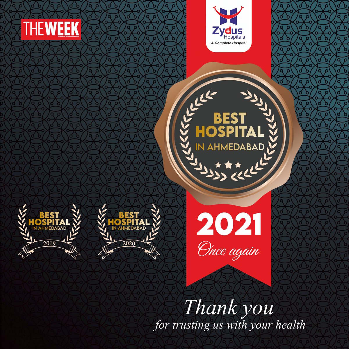It gives us a lot of joy sharing that Zydus Hospital has been reckoned & awarded as the best hospital in Ahmedabad, third time in a row - by The Week.
Thanking all our patrons for the constant love and support.

#ThankYou #ZydusHospital #BestHospitalInAhmedabad #BestHospital https://t.co/A1N6VxvX1n