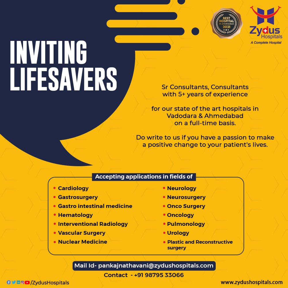Since time immemorial, doctors have been acknowledged as the life-savers for their relentless service!

Zydus Hospital group is inviting Consultants, Senior Consultants to join the Zydus Family on a full time basis.

Click here: https://t.co/uCAlWwaEIt

#Doctors #Invitation https://t.co/4BD6UXJxLD