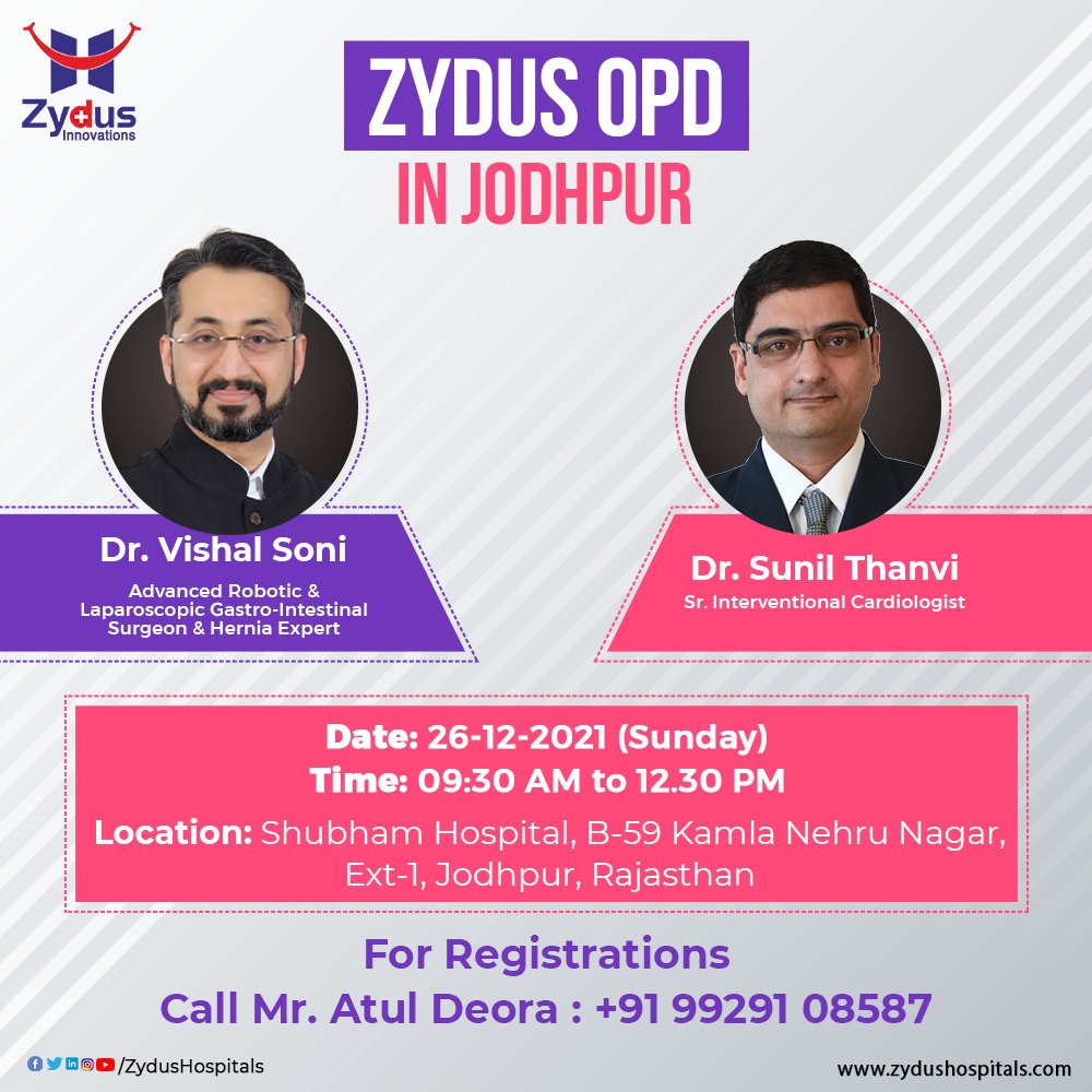 Zydus Hospitals organizes OPD in Jodhpur to render the best medical care facilities to the ones in need.
Mark the date, time & venue and get your registration done right on time!

#OPD #Jodhpur #Rajasthan #HealthCamp #MedicalCamp #HealthCareServices #ZydusHospitals #Gujarat https://t.co/GQB7o0GnXq