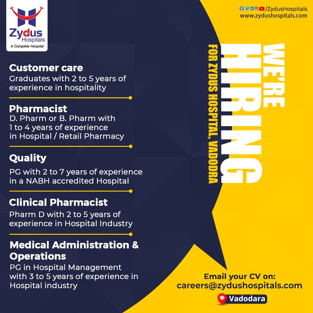 If you are looking forward to pursue your career in Customer Care, Pharmacy, Quality Assurance, Clinical Pharmacy or Medical Administration & Operations then email your CV on: careers@zydushospitals.com at the earliest.

#Vadodara #CareerOpportunity #CustomerCare #ZydusHospitals https://t.co/XvhqZsJ8lR
