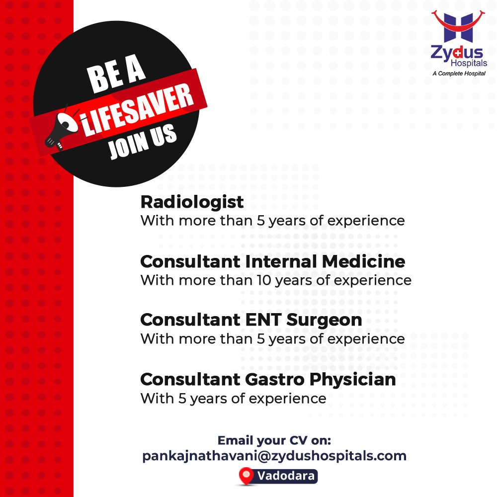 All life savers can now become a part of the new Zydus Hospitals facility at Vadodara.

Hear the ring from career opportunity and apply now. 

Email your CV on: pankajnathavani@zydushospitals.com
or drop a message, click here: https://t.co/uCAlWwaEIt

#CareerOpportunity https://t.co/lgYxwXDZFr