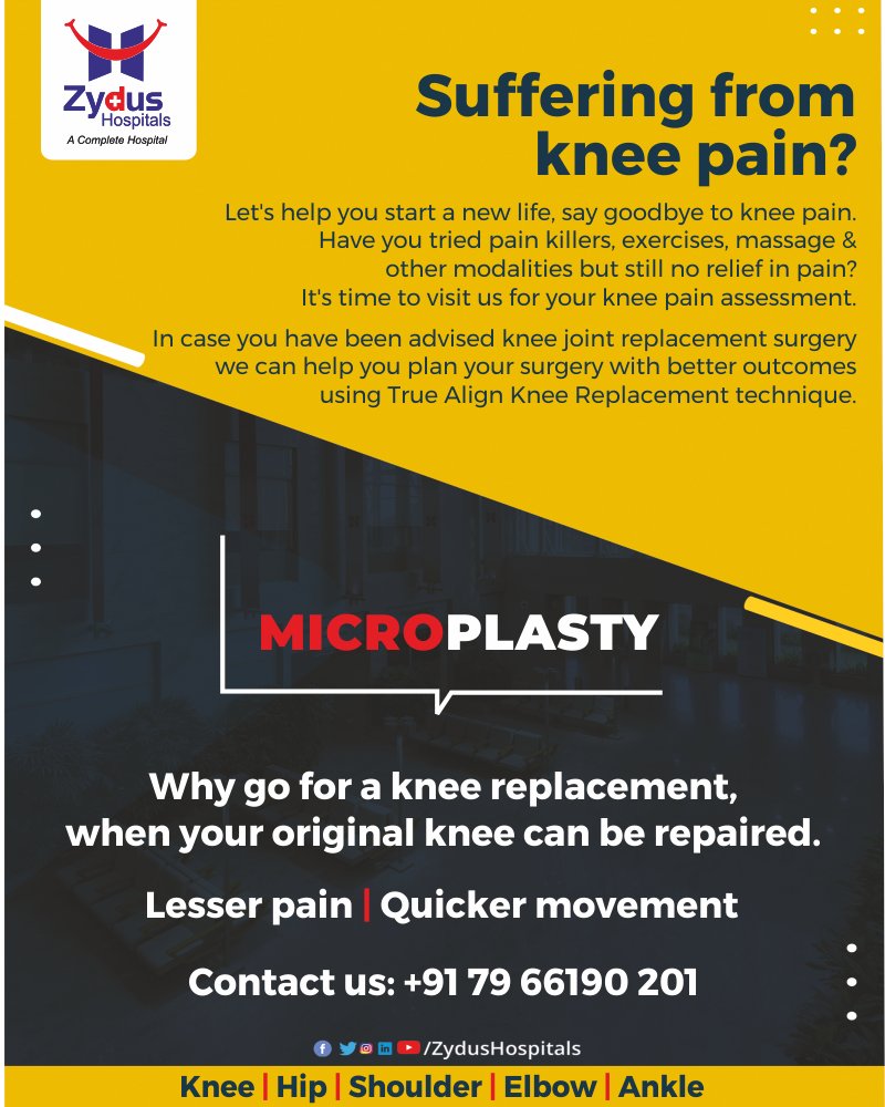 Microplasty will help you to have no pain from knee pain. It's the high time to think beyond knee replacement and get rid of the consumption of pain killers because we will help you to get your own knee repaired. 

Visit  #ZydusHospitals for your knee assessment!

#Microplasty https://t.co/wRa35dSoc5