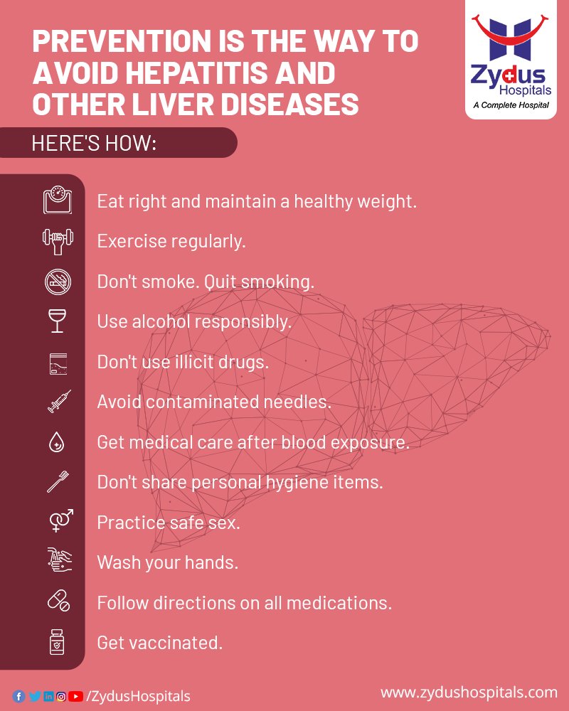 Prevention is the key to a healthy life. Realize the importance of a healthy liver and follow the mentioned guidelines religiously.

#Prevention #PreventionIsTheKey #AvoidLiverDiseases #BeatHepatitis #StayHealthy #HealthyLiver #HealthyLiving #ActiveLifestyle #QuitSmoking https://t.co/XuTGrcITs0