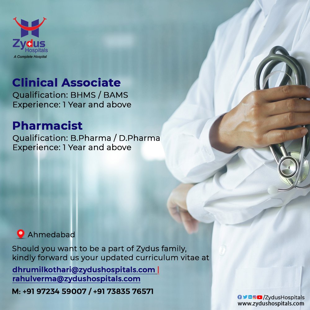 When you choose a profession that you love, you enjoy working with passion! 

The qualified and eligible ones are requested to become a part of the Zydus Family.
Send across your CV at: 
dhrumilkothari@zydushospitals.com |
rahulverma@zydushospitals.com

#CareerOpportunity https://t.co/wiANTIymvb