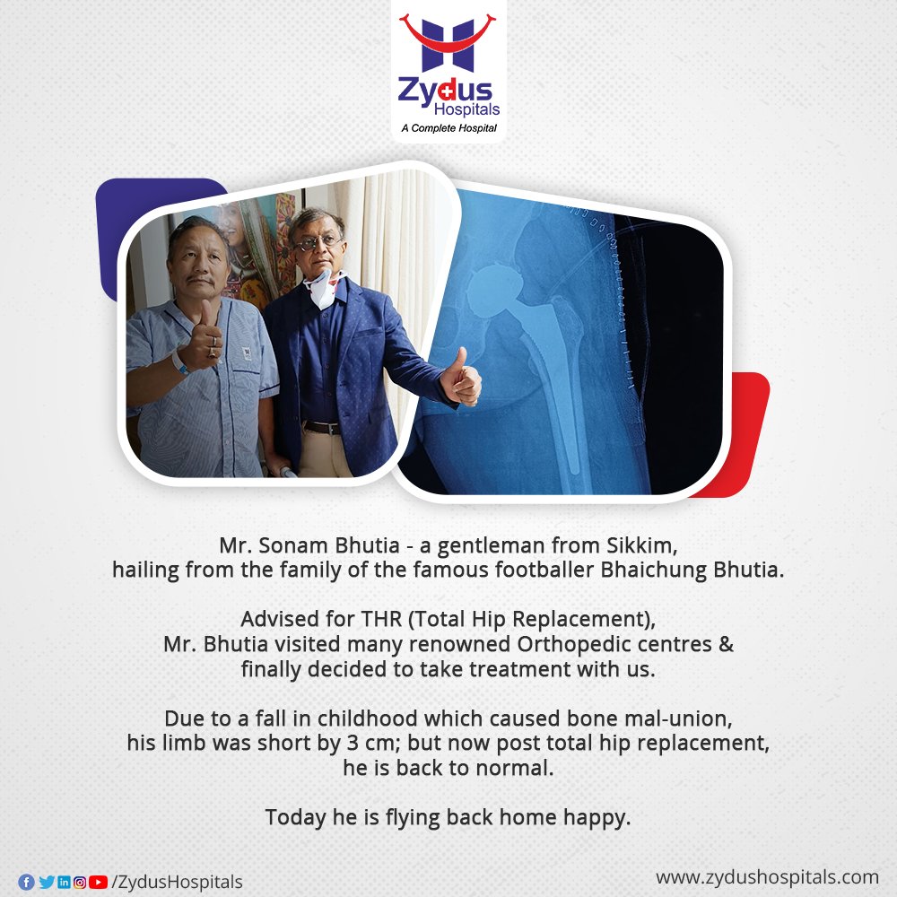 We are elated to have successfully treated Mr. Sonam Bhutia, the gentleman belonging from the family of “Sikkimese Sniper” & the former Indian National Footballer; Bhaichung Bhutia. 

#ZydusHospitals #TotalHipReplacement #HipReplacement #Orthopedic #Orthopedics #FractureSurgery https://t.co/hCro19b7X1