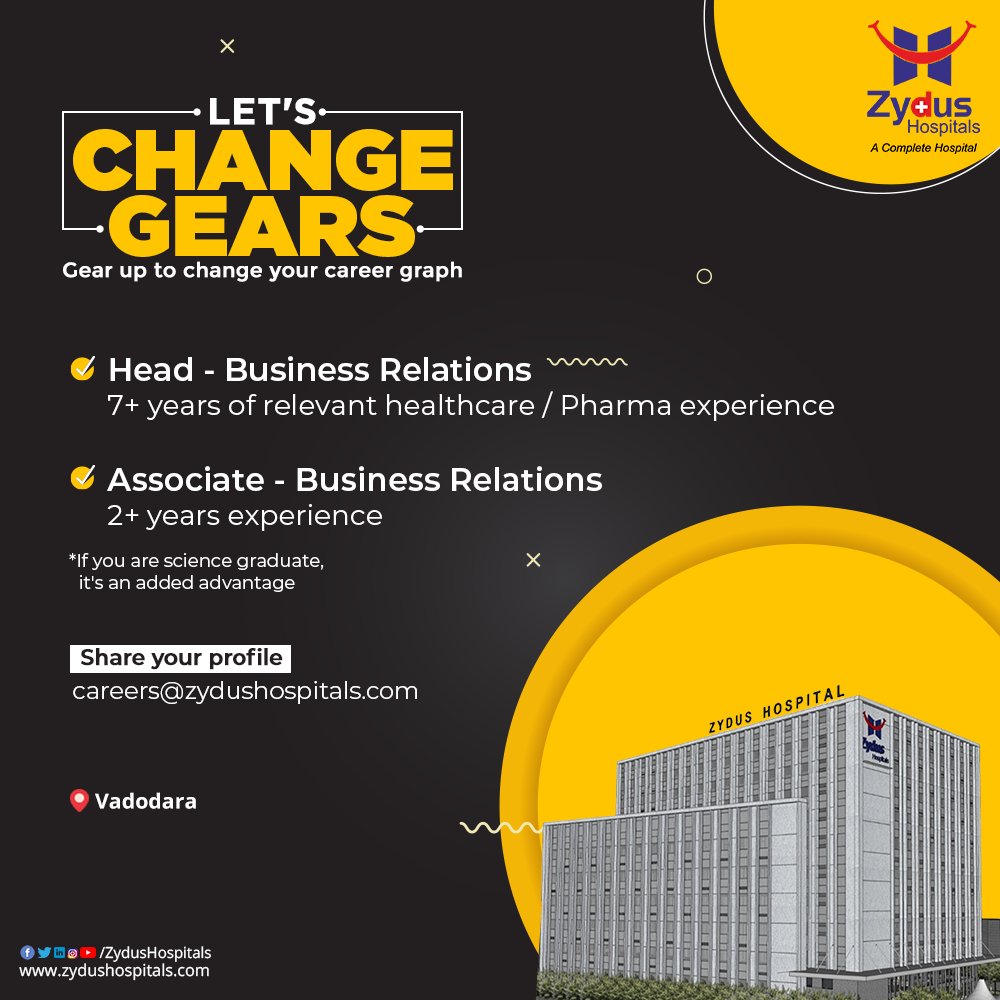 If you wish to accelerate, you need to keep changing the gear of your career graph!
This is so because making the right career move is as important as living. 
#CareerOpportunity #JobOpening #JobOpportunity #BusinessRelations #HiringNow  #ZydusHospitals #Vadodara #Baroda #Gujarat https://t.co/AiUle68lnG