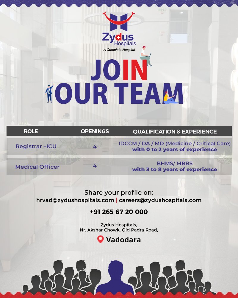 Make the most of the job openings and share your profile. Be a part of the zestful Zydus Family! 

#ZydusHospitals #Vadodara #CareerOpportunity #JobOpportunity #Hiring #JobAlert #MedicalOfficer #RegistratICU #NuclearMedicineTechnologist #ApplyNow #MedicalProfessionals https://t.co/xmghywRMPQ