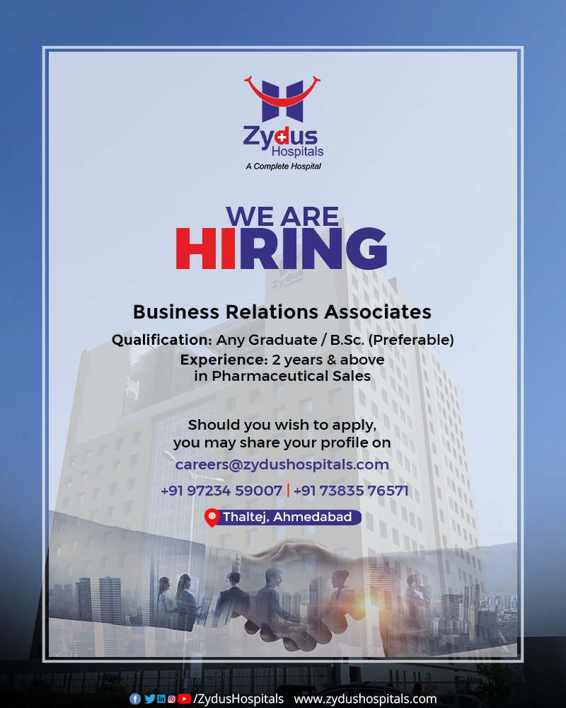 Zydus Hospitals is now hiring Business Relations Associates! 
It is an opportunity for the young, talented and enthusiastic candidates with similar interests, having the required qualifications and experience to share their profile and get to work with Zydus Hospitals, Ahmedabad. https://t.co/tgGfyVG4Rq