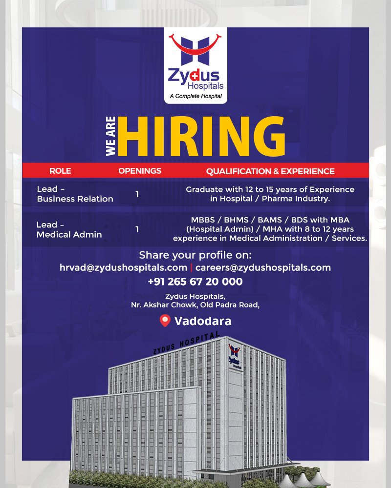 Yes, Zydus Hospitals, #Vadodara is hiring!
We are looking for the patient centric relationship management.
Candidates with similar interests and qualifications can share their profiles!
#BusinessRelations #MedicalAdmin #Marketing #PublicRelations #HiringNow #ZydusHospitals https://t.co/twokpcC4aj