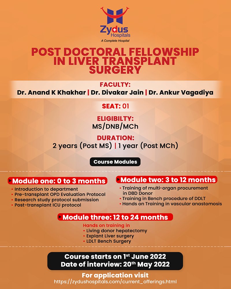 The best in town Zydus Hospitals is now offering Post Doctoral Fellowship in Liver Transplant Surgery. 

Interested candidates with similar background, elligibility and interest can visit our webspace and apply.

https://t.co/qfeoTJfUgE

#LiverTransplant #LiverTransplantation https://t.co/0fmwRxHx4P