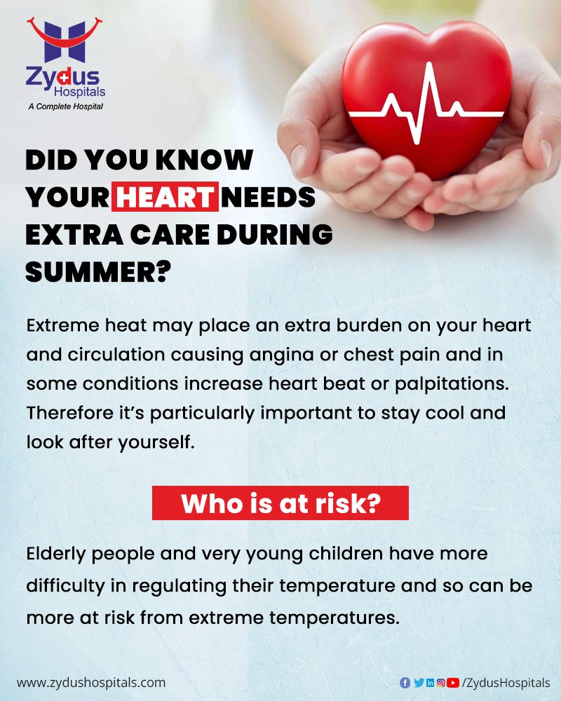 Extreme heatwaves cause an extra burden on your heart, resulting in chest pain or angina. Kids & the elderly with cardiac problems are particularly at risk. 

Stay cool and look after yourself!

#HeartHealth #Heart #HeartDiseases #CardiacDiseases #ZydusHospitals #HealthCare https://t.co/6yoD5SNvKT