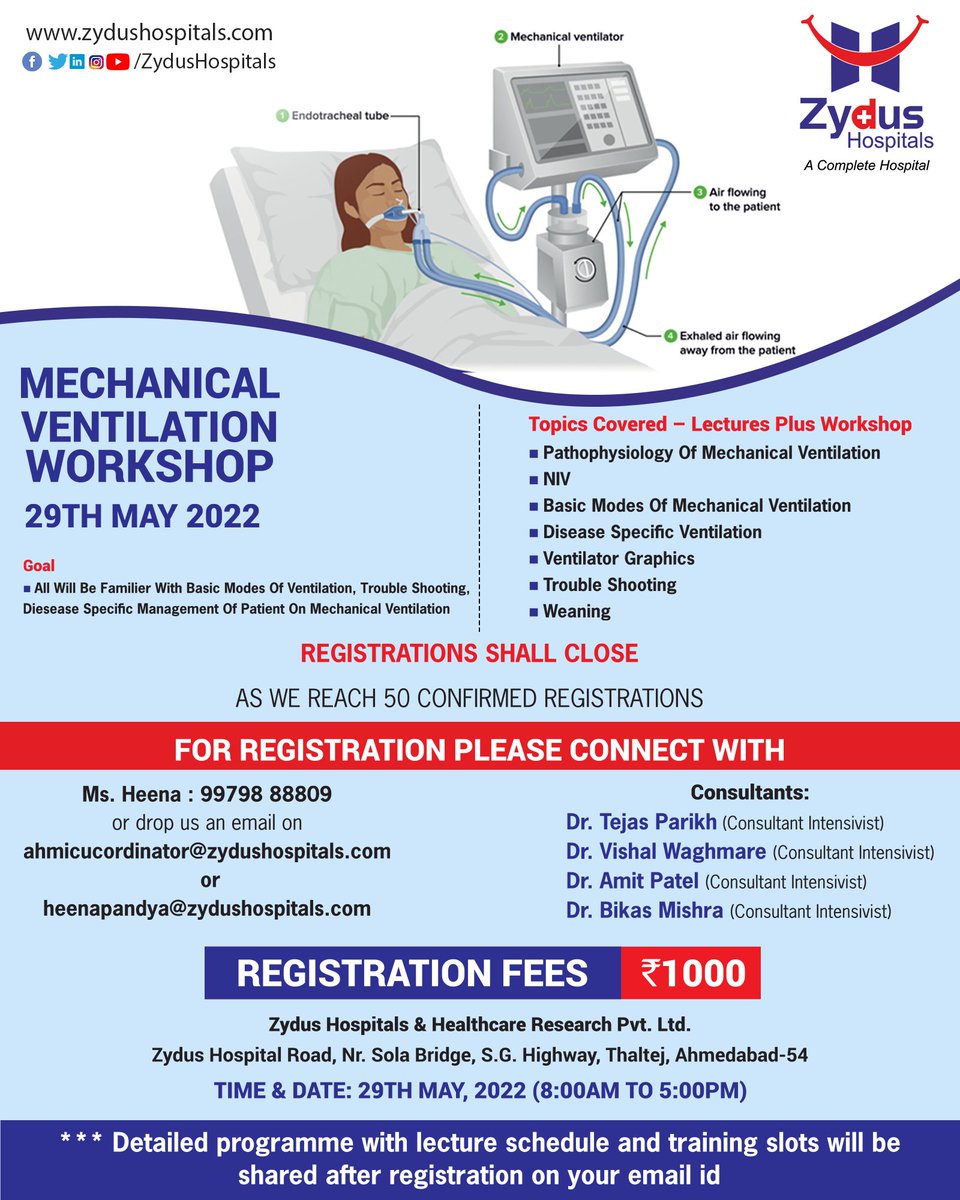 Join us for this engaging 'MECHANICAL VENTILATION WORKSHOP.'
#MechanicalVentilationWorkshop #Workshop #EngagingWorkshop #Register #ZydusHospitals #HealthCare #StayHealthy #ZydusCare #BestHospitalinAhmedabad #Ahmedabad https://t.co/QB3m9ee9Sr
