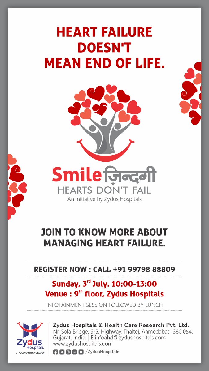We at, #ZydusHospitals are taking the effort to host an informative workshop on 'Managing Heart Failure.' The seminar contains thorough information to help you understand how you might possibly safeguard your heart. Being a part of the session can help you comprehend better. https://t.co/LxalvZagQ7