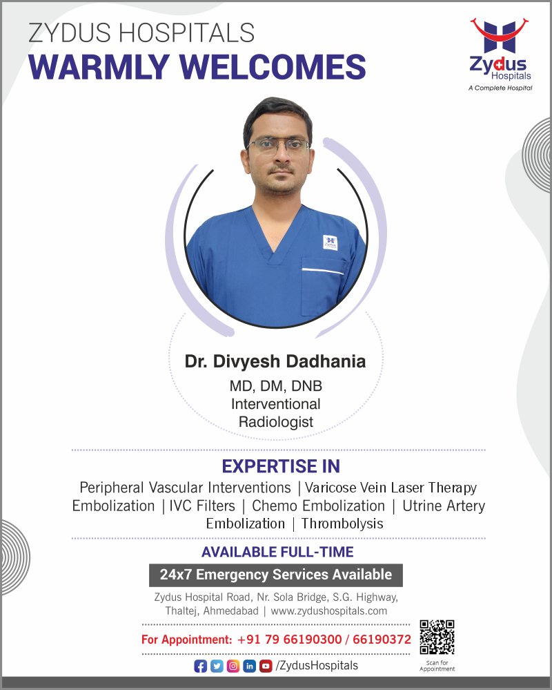 We are elated to welcome Dr. Divyesh Dadhania as an Interventional Radiologist. We firmly believe he will add new strength to our healthcare community. He is available full time at Zydus Hospitals. For appointment with Dr. Divyesh, contact +917966190300

#WelcomeToZydus https://t.co/EvwwpnkEDe