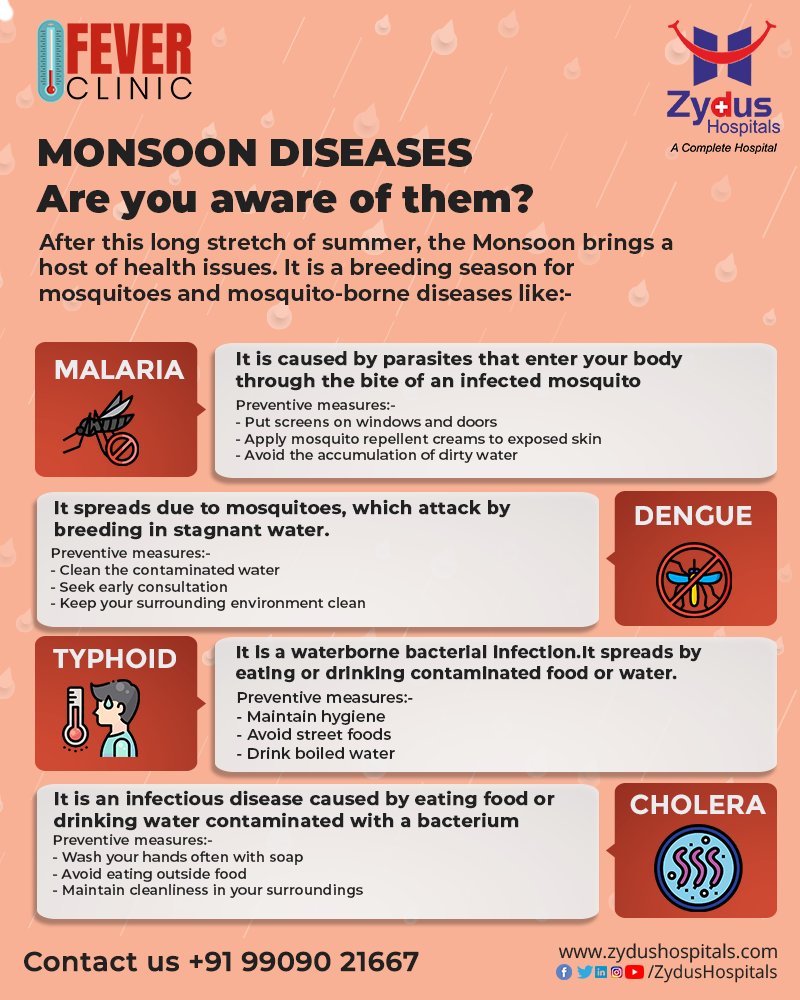 Monsoon brings the shower of peace and joy but it triggers an array of air-borne infections and viral diseases. Chances of cold, flu, viral fever, dengue and malaria become more.

#MonsoonCare #HealthInMonsoon #StaySafe #MonsoonPrecautions #ZydusHospitals #ZydusCare #Ahmedabad https://t.co/UAezfCTEcl