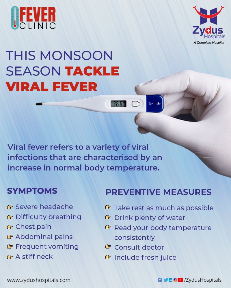 The monsoon season brings host diseases, including viral fever. It preys on those with weakened immune systems. Fevers indicate that the body is fighting against bacterial or viral infection.

Taking proper precautions.

#ViralFever #Symptoms #HealthInMonsoon #ZydusHospitals https://t.co/lcqvyhoy9r