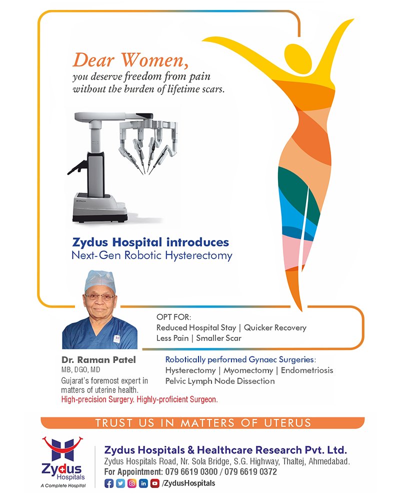 Precise Gynec care, with minimal scars, less pain and faster recovery is now possible – #ZydusHospitals introduces Next-Gen Robotic Hysterectomy!

To know more, contact us @ 079 6619 0300 / 079 6619 0372

#GynecCare #GynaecologicalProblems #Hysterectomy #Gynaecologists #PainFree https://t.co/el09eqF7Le