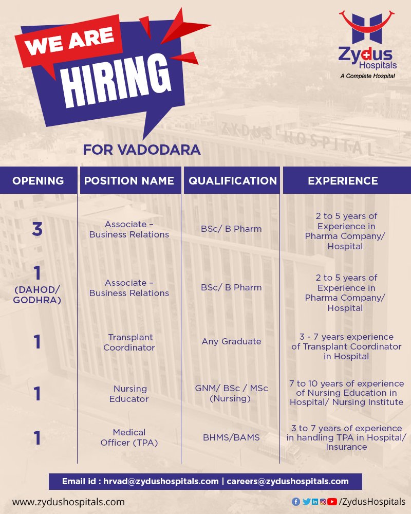 Zydus Hospitals, Vadodara is #Hiring for multiple positions.

Interested candidates can mail their CV to hrvad@zydushospitals.com or on careers@zydushospitals.com

#Hiring #WeAreHiring #CareerOpportunity #JobOpening #ZydusIsHiring #ApplyNow #CareerGoals #CareerSuccess https://t.co/t7obsXE5Ra