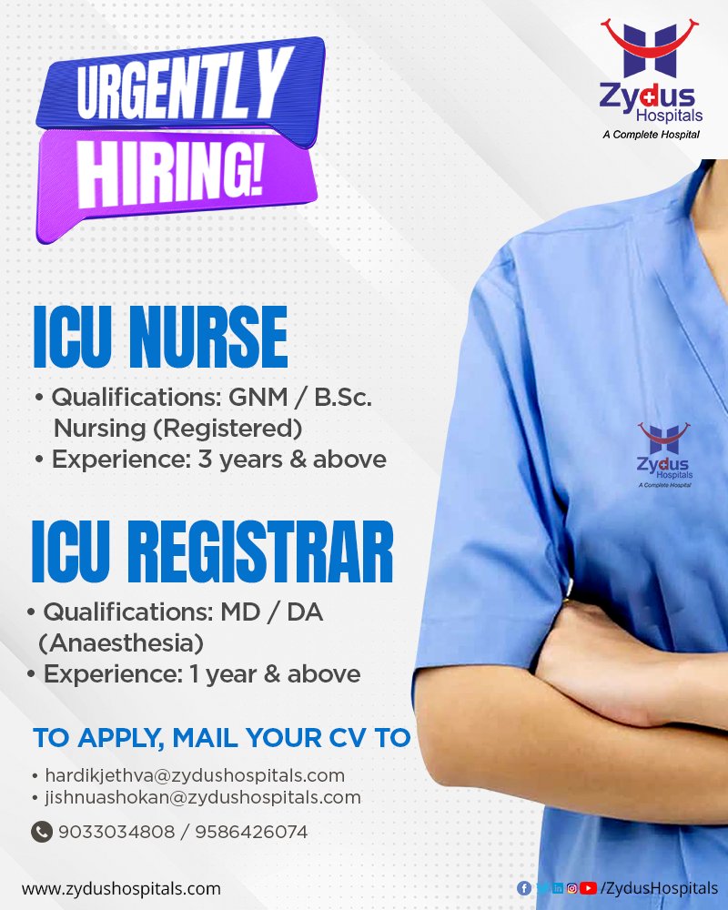 #ZydusHospitals, Ahmedabad is #Hiring for the positions of ICU Nurse & ICU Registrar.

Interested candidates can mail their updated CV to hardikjethva@zydushospitals.com / jishnuashokan@zydushospitals.com

Contact Details: 9033034808 / 9586426074

 #WeAreHiring #CareerOpportunity https://t.co/8j3VrOcpPe